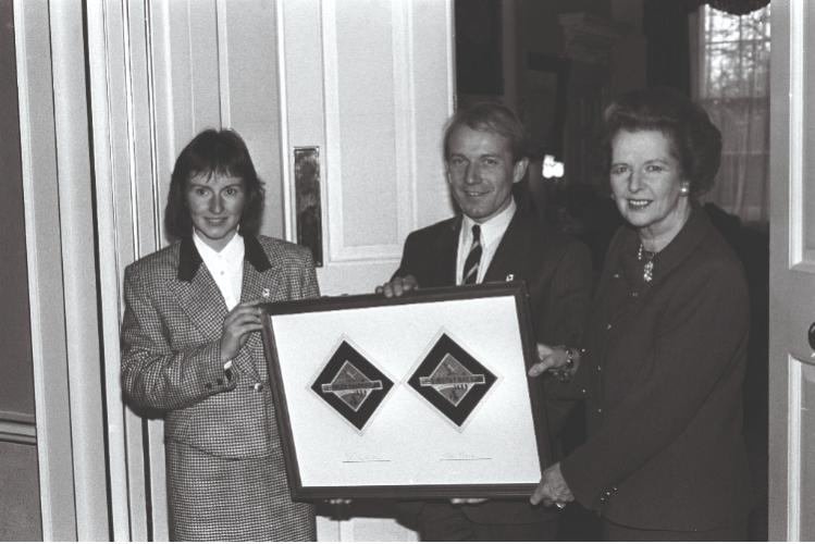 Downing Street 1989 Helen Sharman and Major Timothy Mace with Margaret Thatcher, following their selection to train in Russia