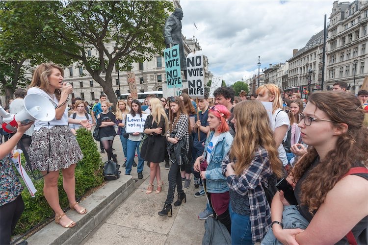Georgia Gould addressing protesters