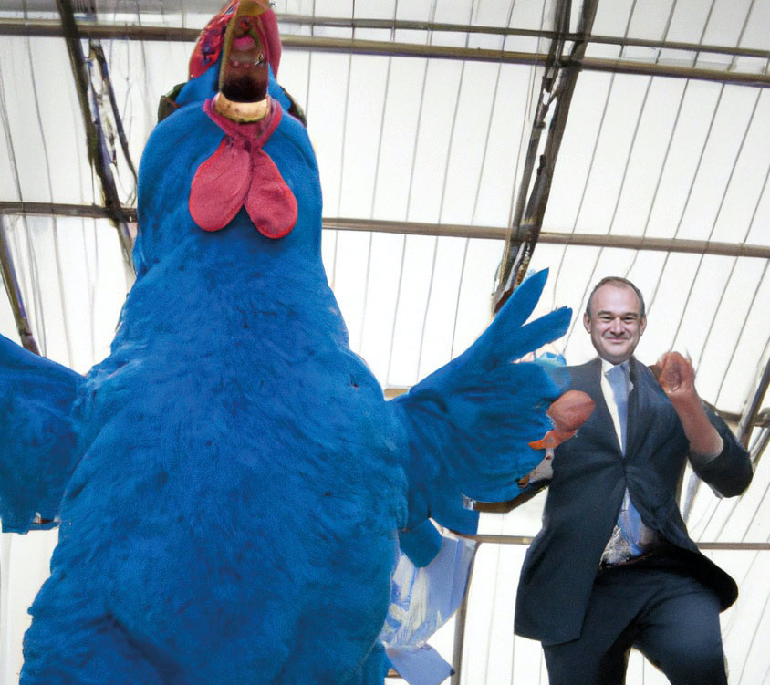 Ed Davey chasing a 6ft-tall blue chicken