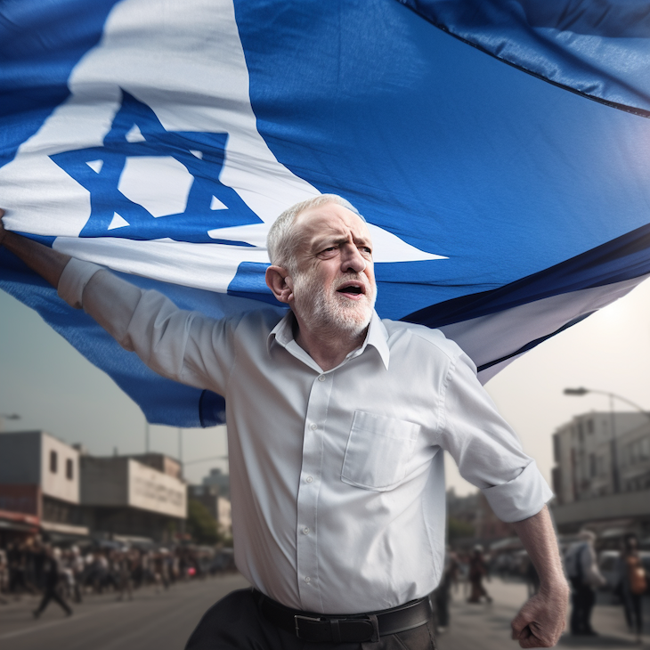 Former Labour leader Jeremy Corbyn waving an Israeli flag, created on Midjourney