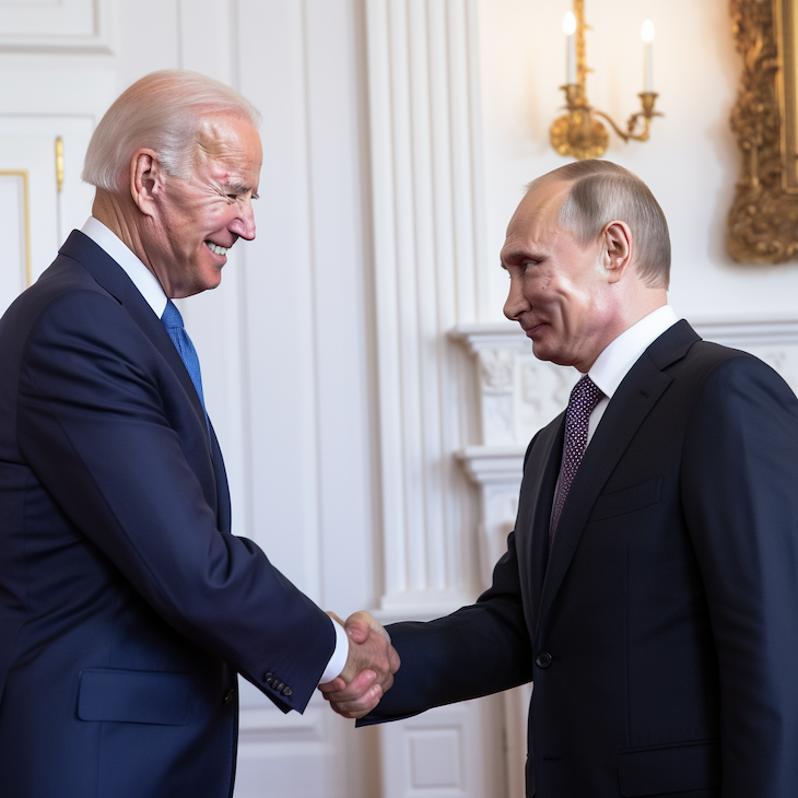 US President Joe Biden shaking hands with Russian President Vladimir Putin, created on Midjourney