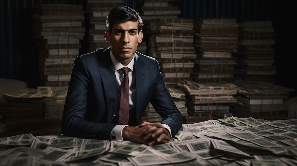 British Prime Minister Rishi Sunak sitting in a pile of money, created on Midjourney