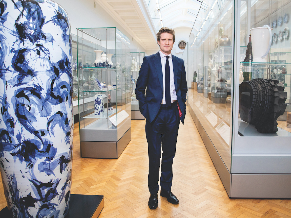 V&A director Tristram Hunt in the ceramics gallery. Photography by Louise Haywood-Schiefer