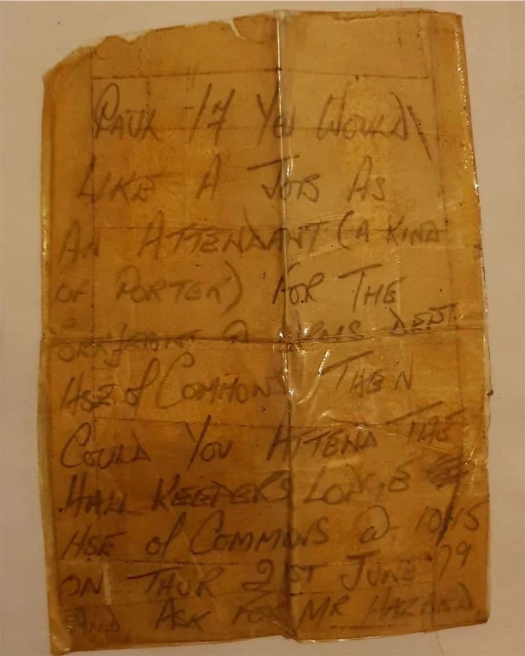 The brown note offering Paul Kehoe a job interview in 1979 
