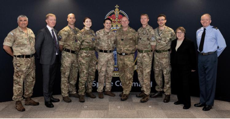 RAF High Wycombe Ministers Chris Bryant and Maria Eagle present Space Operator badges to newly qualified personnel (Credit: Ministry of Defence)