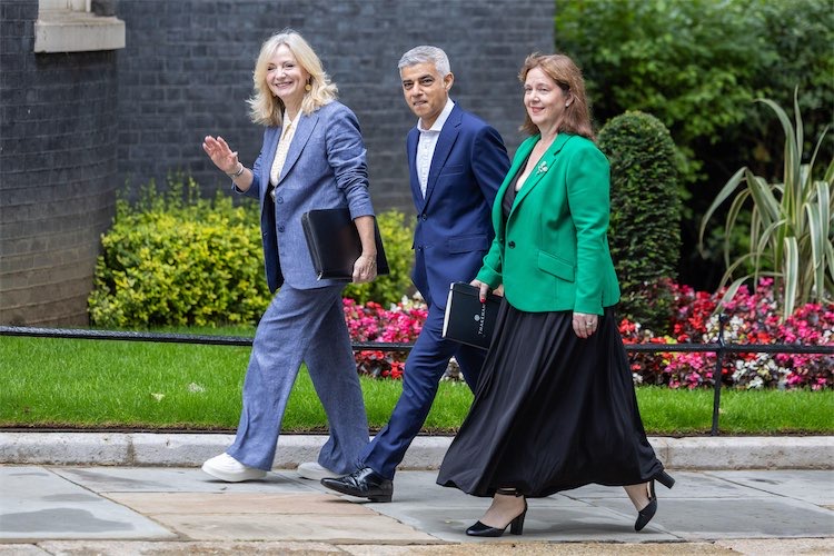 Mayor of West Yorkshire Tracy Brabin, Mayor of London Sadiq Khan, and Mayor of East Midlands Claire Ward arrive at 10 Downing Street for the first roundtable