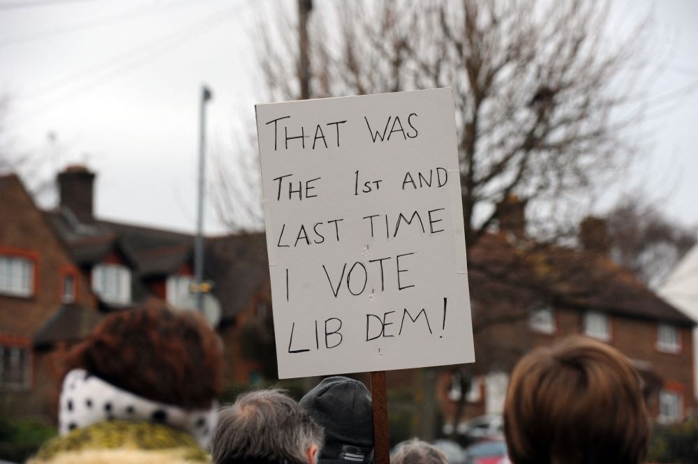 Placard against Lib Dems