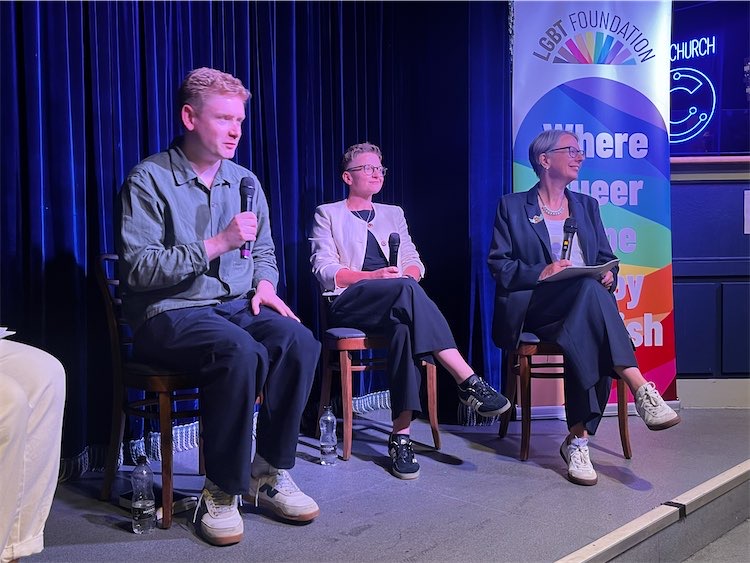 Richard Kilpatrick, Bev Craig and Geraldine Coggins at an LGBT hustings in Manchester