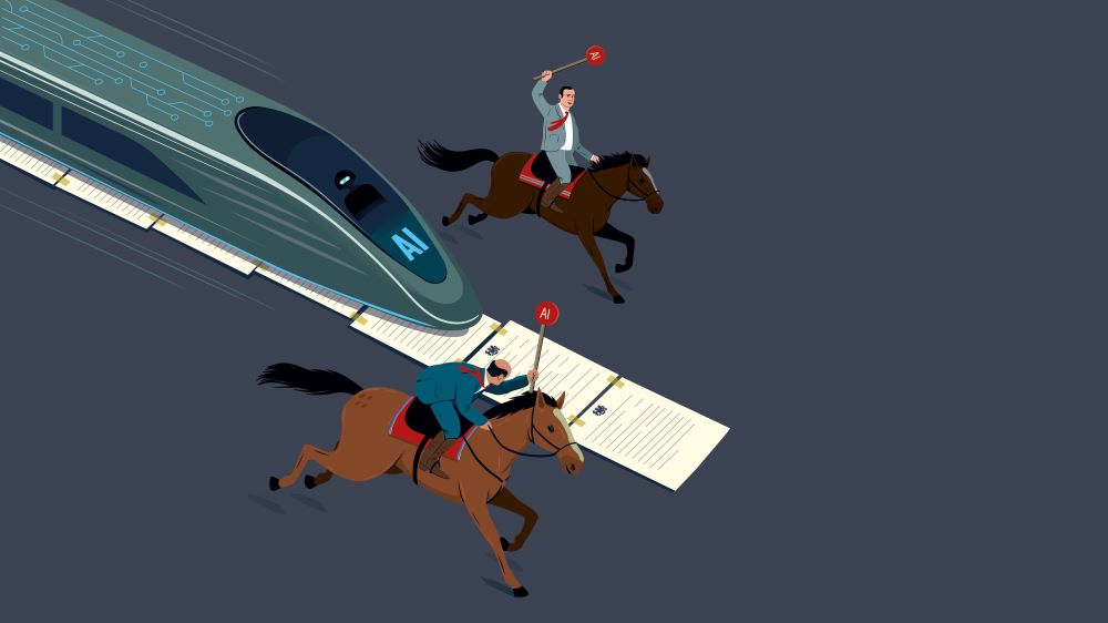 Illustration of train and horses