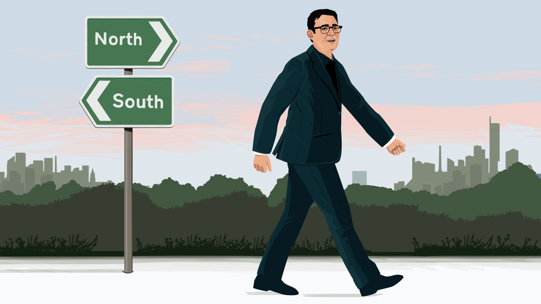 Andy Burnham with signs for North and South